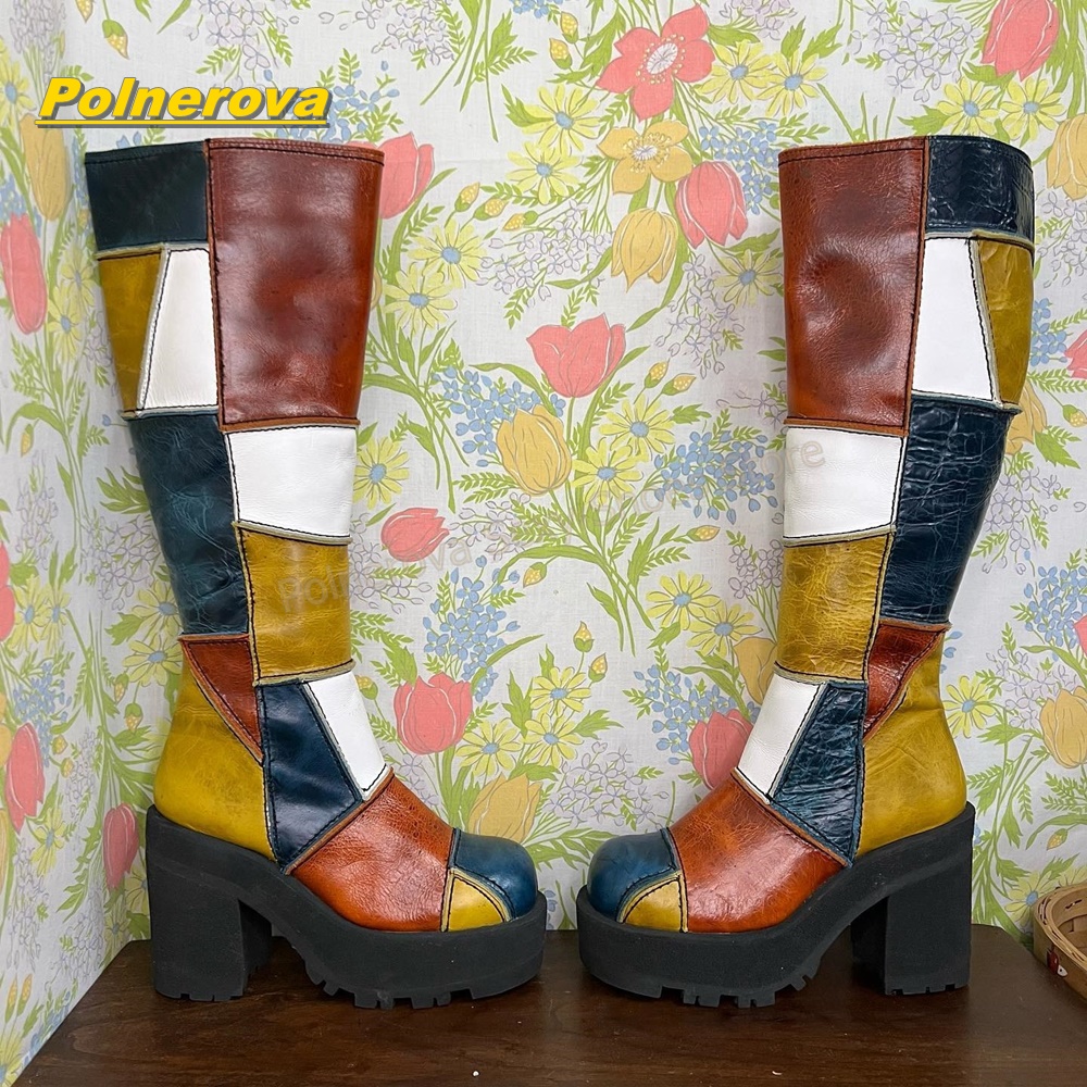 Vintage Fashion Style - Vrouwen Retro Patchwork Lederen Kniehoge Laarzen