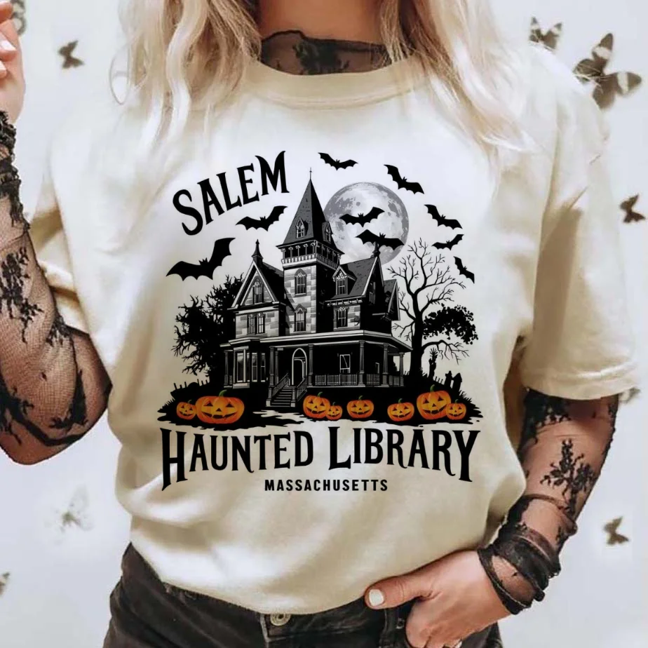 Vintage Fashion Library - Vintage Salem Spookachtige Bibliotheek Bedrukt Mode-Stijl